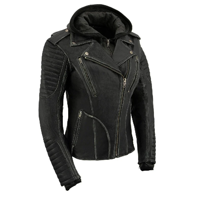 Women's Work Outfit For The Office Milwaukee Leather MLL2516 Black Leather Rub-Off Leather Jacket with Hoodie for Women Women's Work Outfit For The Office Milwaukee Leather MLL2516 Black Leather Rub-Off Leather Jacket with Hoodie for Women