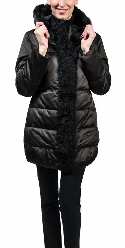 Women's Casual Wear Clothes Quilted Down Lamb Trim Coat In Black