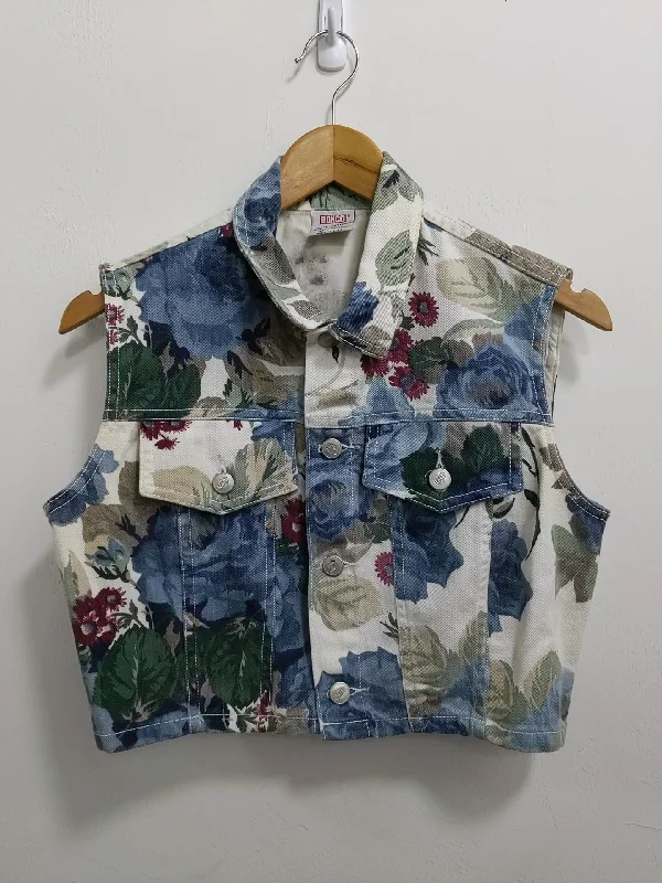 Plus Size Women's Fashion and Clothing [L] Vintage Bongo Cropped Floral Print Denim Vest