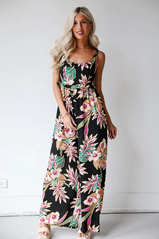 Women's Floral Print Outfit FINAL SALE - Compelling Glam Black Floral Jumpsuit