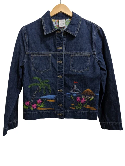 Trendy Women's Apparel [M] Tropical Embroidered Denim Jacket