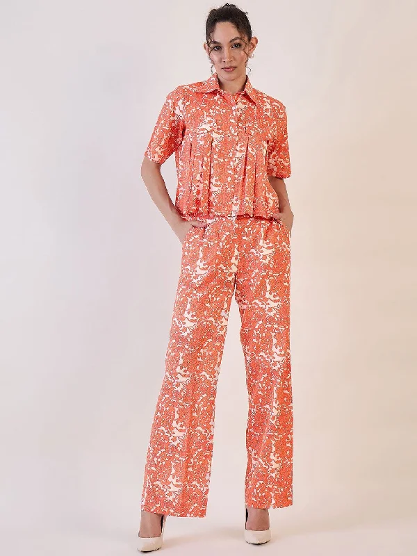 Affordable Women's Attire White Floral Collar Shirt With Straight Trouser