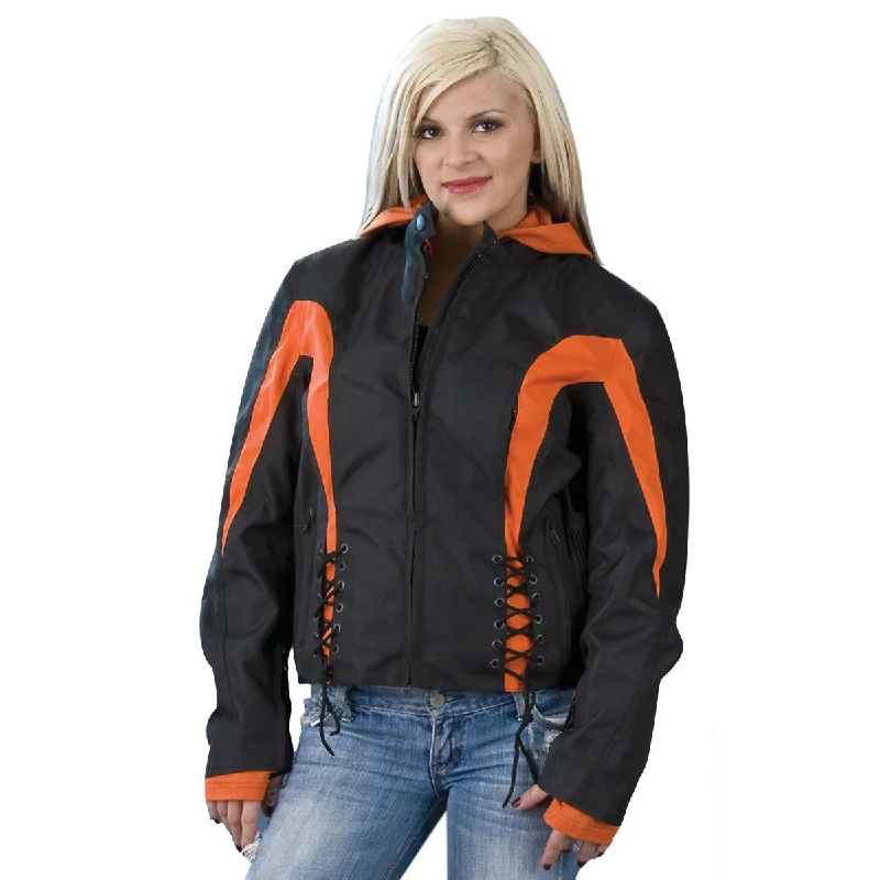 Women's Luxury Attire NexGen SH2039 Women's Black and Orange Textile Racer Jacket with Fleece Hoodie Women's Luxury Attire NexGen SH2039 Women's Black and Orange Textile Racer Jacket with Fleece Hoodie