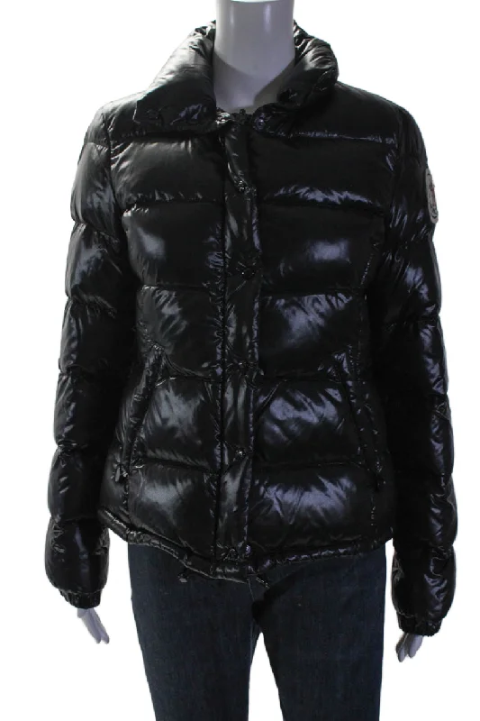 Online Boutiques Best Moncler Womens Two Pocket High Neck Long Sleeve Zip Up Puffer Coat Black