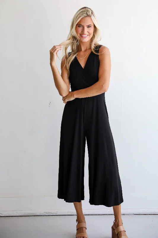 Women's Outerwear Garments FINAL SALE - Playful Impression Black Surplice Jumpsuit