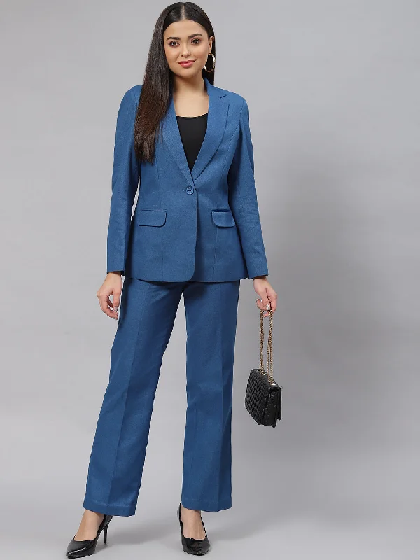 Women's Formal Event Attire Warm Tweed Pantsuit - Teal Blue