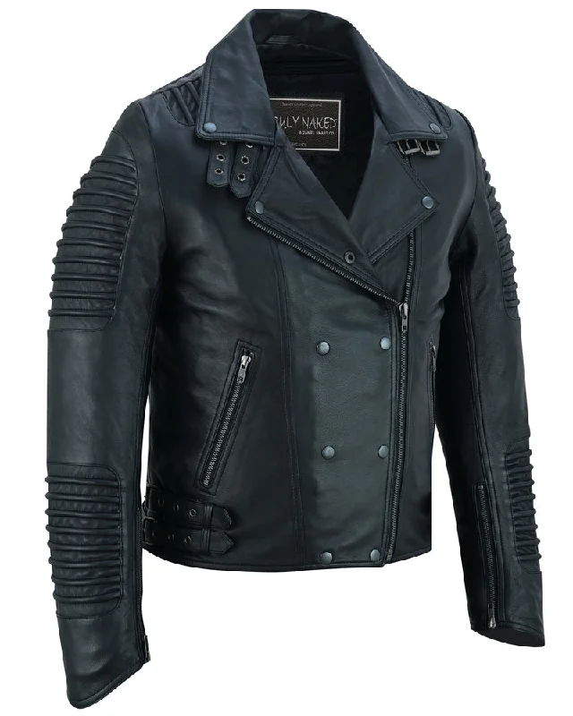 Bundle Offer Shadow Queen Women's Black Fashion Leather Jacket with Ribbed Accents