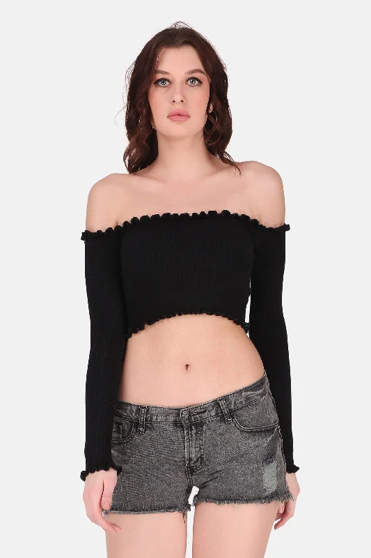 Women's Outerwear Attire Off Shoulder Knit Top - Black