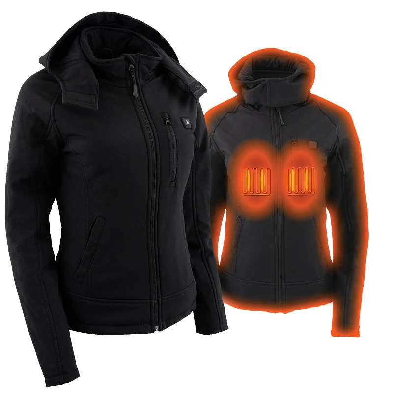 Women's Versatile Apparel Nexgen Heat MPL2767SET Women's Black 'Heated' Soft Shell Jacket with Detachable Hood for Riding , Hiking w/ Battery Women's Versatile Apparel Nexgen Heat MPL2767SET Women's Black 'Heated' Soft Shell Jacket with Detachable Hood for Riding , Hiking w/ Battery
