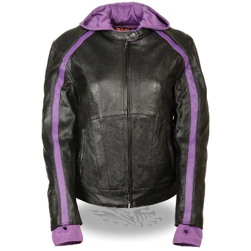 Women's Work Outfit For The Office Milwaukee Leather SH1951 Women's Striped Black and Purple Leather Jacket with Zip-Out Hoodie Women's Work Outfit For The Office Milwaukee Leather SH1951 Women's Striped Black and Purple Leather Jacket with Zip-Out Hoodie