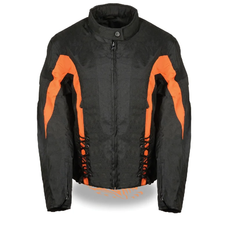 Women's Outfit Nexgen SH2188 Women's Black and Orange Textile Motorcycle Riding Jacket with Side Stretch and Lacing Women's Outfit Nexgen SH2188 Women's Black and Orange Textile Motorcycle Riding Jacket with Side Stretch and Lacing