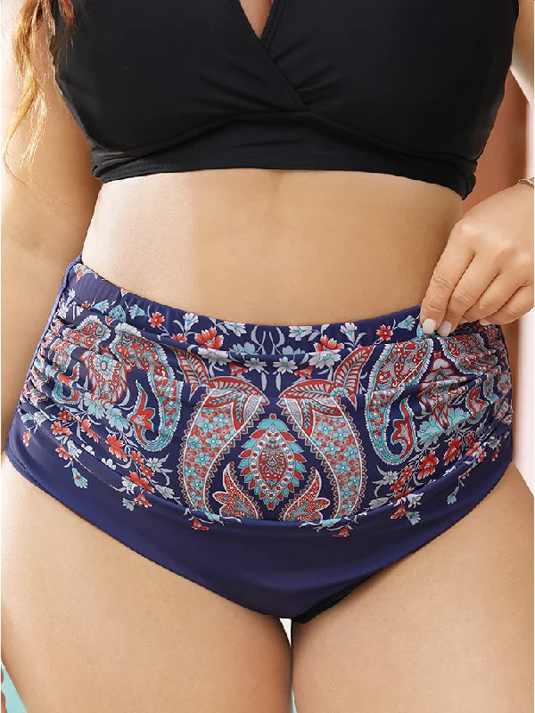 Trendy Women's Fashion Paisley Print Ruched Front Swim Bottom