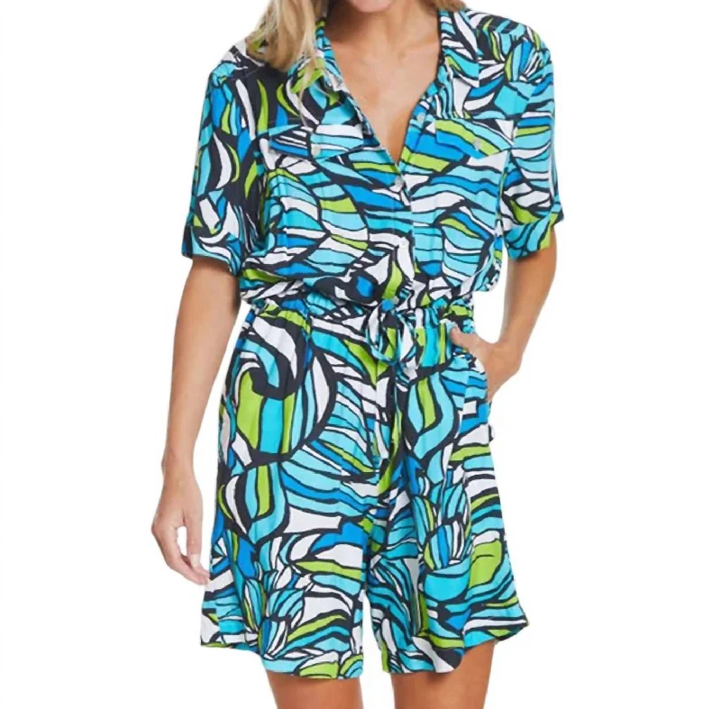 Women's Timeless Attire Cuffed Short Sleeve Romper In Abstract Multi