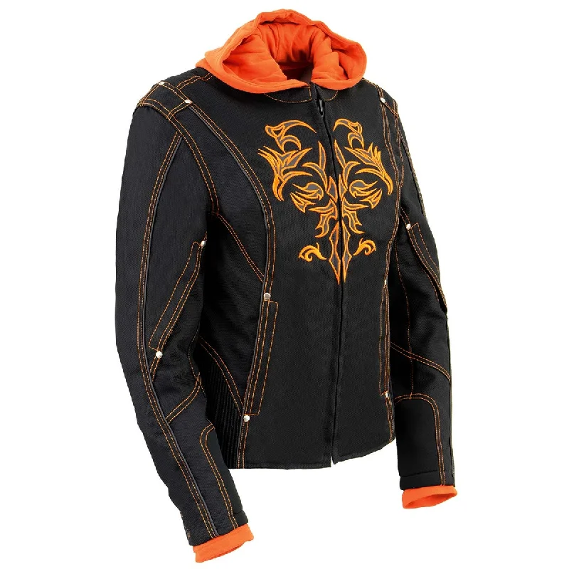 Stylish Outerwear Clothes For Women NexGen SH1939 Women's 'Reflective Tribal' Orange and Black 3/4 Textile Vented Jacket Stylish Outerwear Clothes For Women NexGen SH1939 Women's 'Reflective Tribal' Orange and Black 3/4 Textile Vented Jacket