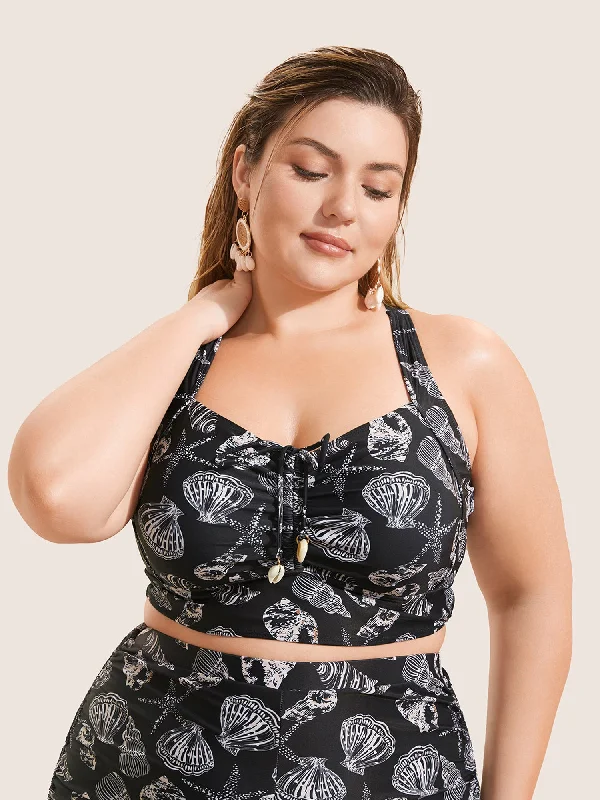 Affordable Women's Clothing Shell Print Drawstring Ruched Skinny Swim Top