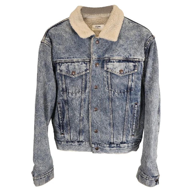 Luxury Women's Clothing Celine Oversized Shearling-Lined Bleached Denim Jacket in Light Blue Cotton Luxury Women's Clothing Celine Oversized Shearling-Lined Bleached Denim Jacket in Light Blue Cotton