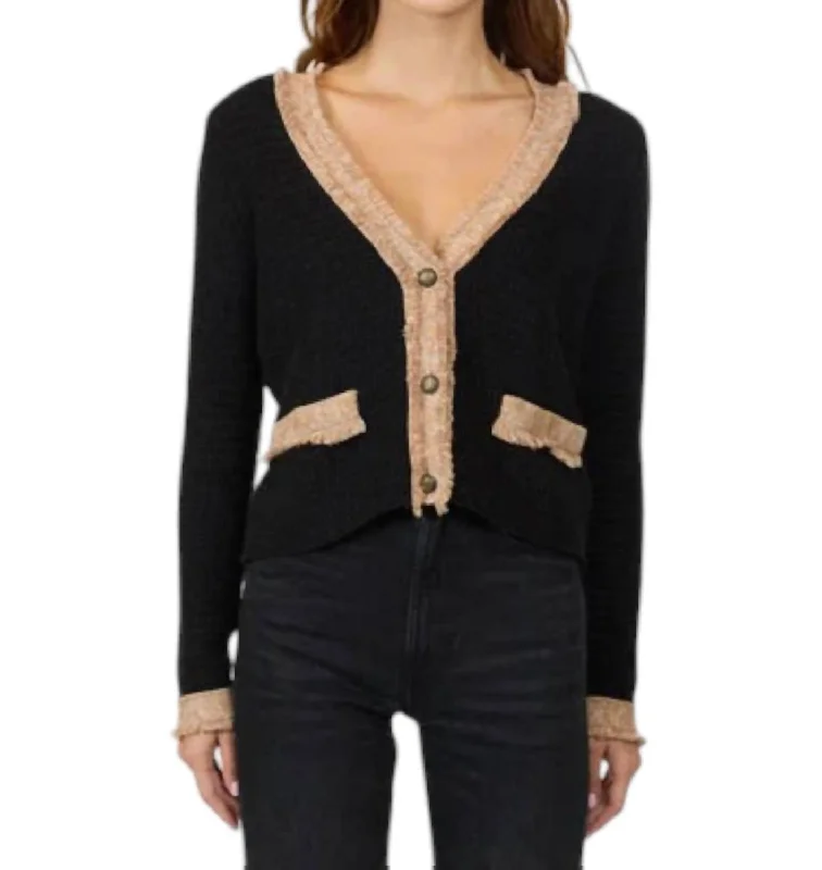 Women's Vintage Garments Fringe Trimmed V-Neck Jacket In Black Combo