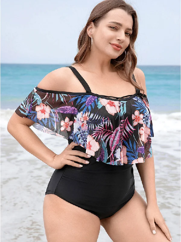 Women's High-Fashion Outfit Floral Patchwork Asymmetrical Ruffle Trim Crisscross One Piece Swimsuit