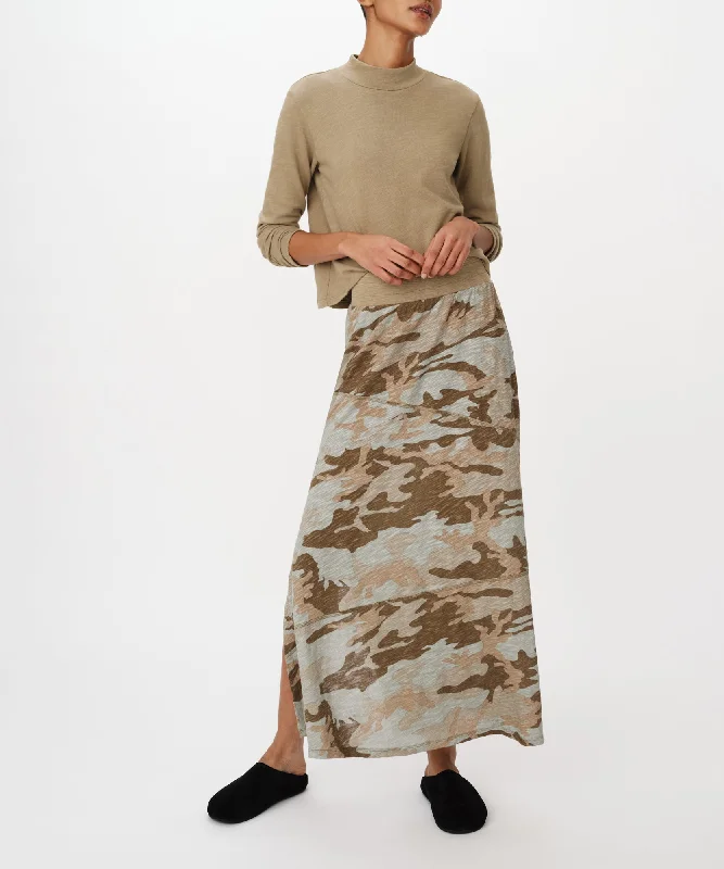 Women's Evening Wear Slub Jersey Camo Seamed Skirt - Faded Army-Multi