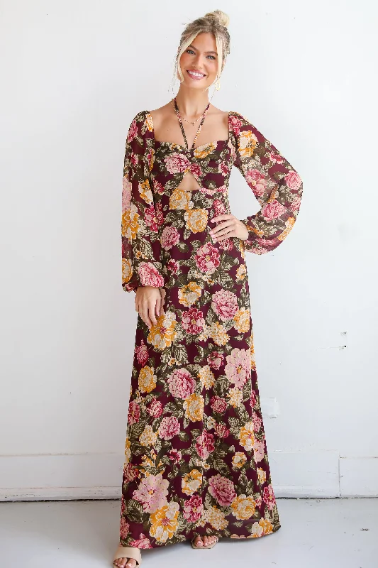 Women's Vacation Outfit FINAL SALE - Breathtaking View Plum Floral Maxi Dress