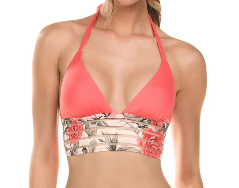 Women's Comfortable Lounge Attire Long Line Halter Bikini Top In Printed Illusion