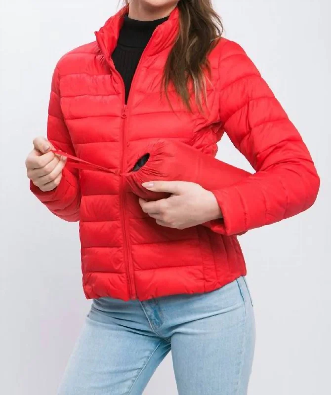 Vintage Women's Fashion Ultra Lightweight Padded Thermal Zip Up Jacket In Red