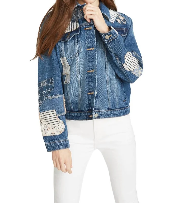 Women's Active Outfit For Fitness Patched Up Denim Jacket In Med Wash