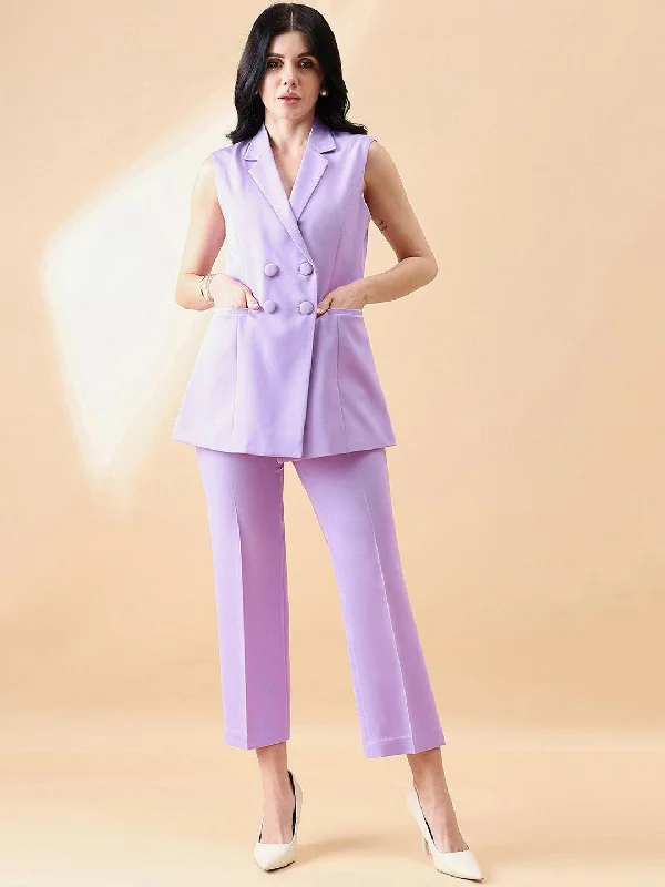 Women's Festive Attire Cut- Sleeve Notch Collar Stretch Pant Suit- Lavender