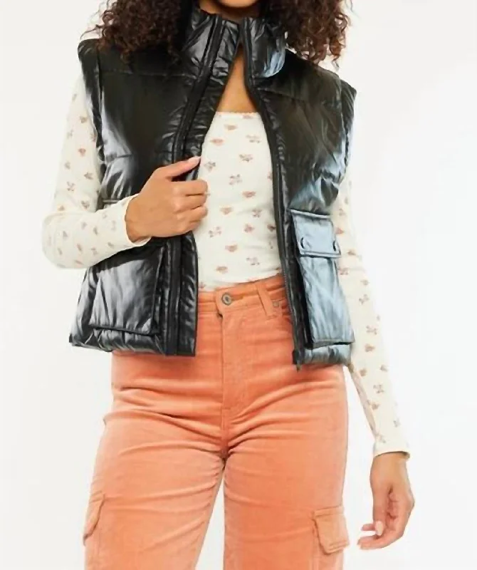 Flash Sales This Week Obsidian Cropped Faux Leather Puffer Vest In Black