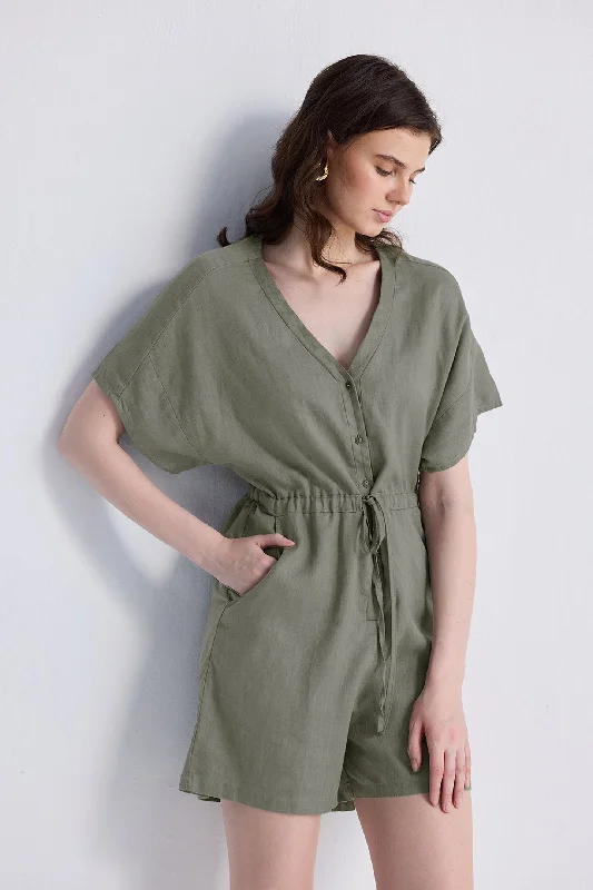 Effortless Chic for Women V neck Drawstring Romper in Dark Green