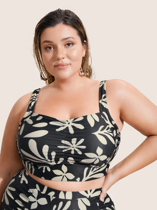 Women's Transitional Outfit Natural Flowers Ruched Heart Neckline Swim Top