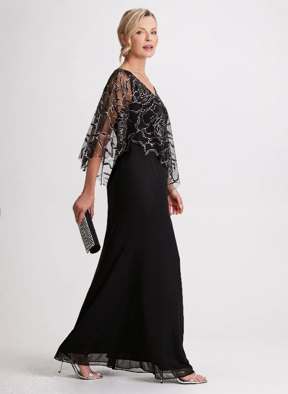 Modern Fashion Sale Floral Mesh Capelet Effect Dress