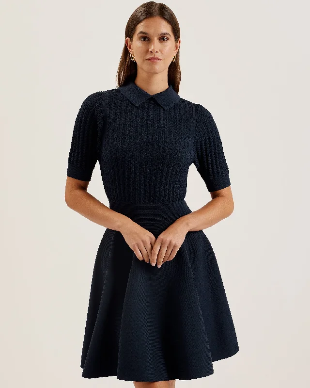 Style Beyond Borders Miiaaa Knitted Skater Dress With Collar Navy