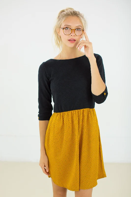 Fashionable Women's Clothing Dress Luiza Black Mustard Polka Dots