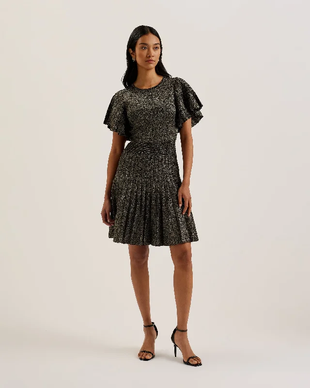 Fashionable Women's Wardrobe Madisnn Metallic Angel Sleeve Knit Skater Dress Black