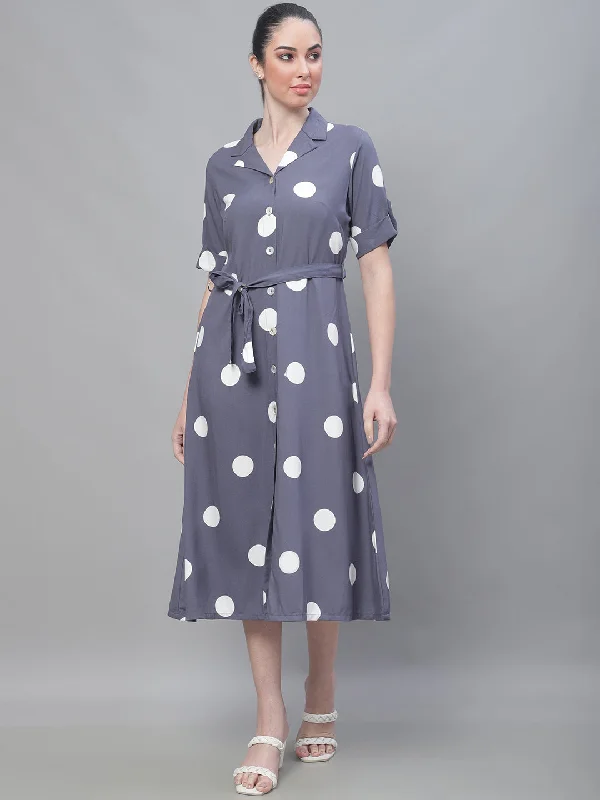Break Fashion Norms Women's Casual Shirt collar Grey Polka dot Print A line Dress