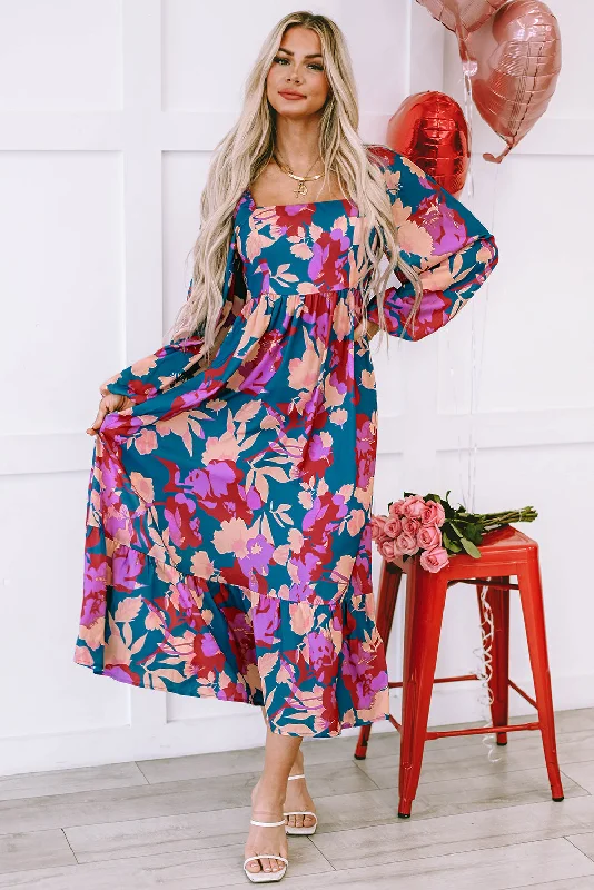 Incredible Savings For A Limited Period Floral Print Square Neck Ruffled High Waist Dress
