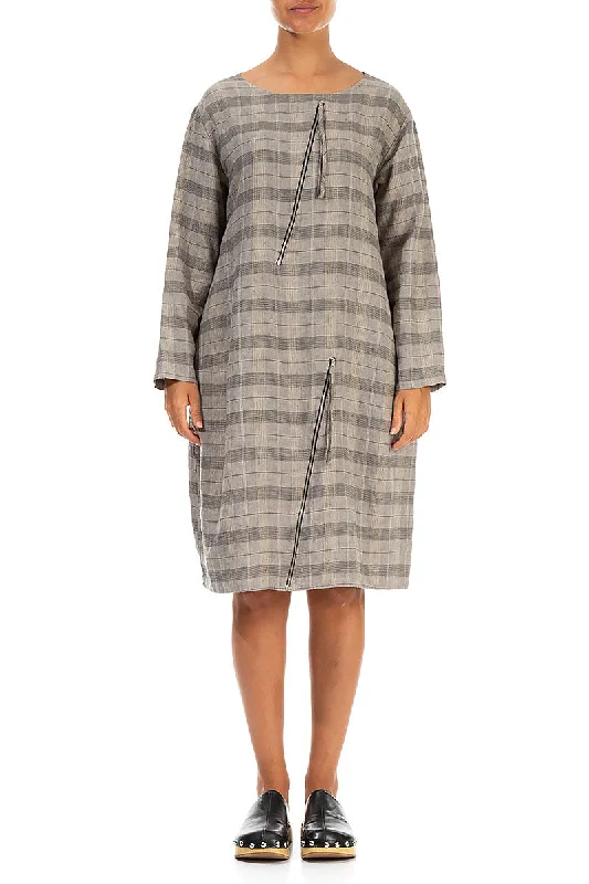 Limited Time Offer Zips Embellished Greige Check Linen Dress