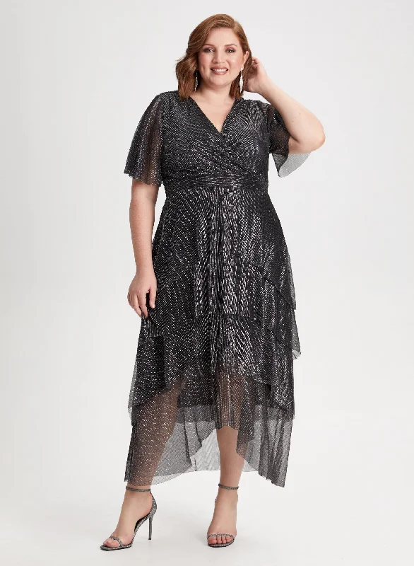 Stylish Statements Asymmetric Tiered Metallic Dress