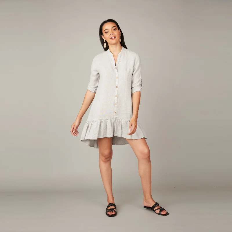 Brand Name Clothing Discount Extravaganza Button Down Ruffle Linen Dress (Pebble)