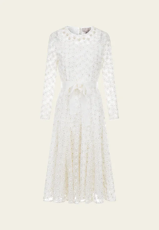 Women's High-Fashion Outfit Embroidered Mesh Belted Dress