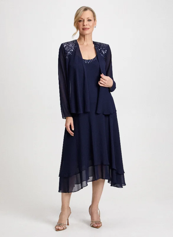 Contemporary Casual Deals Beaded Trim Chiffon Dress & Jacket Set