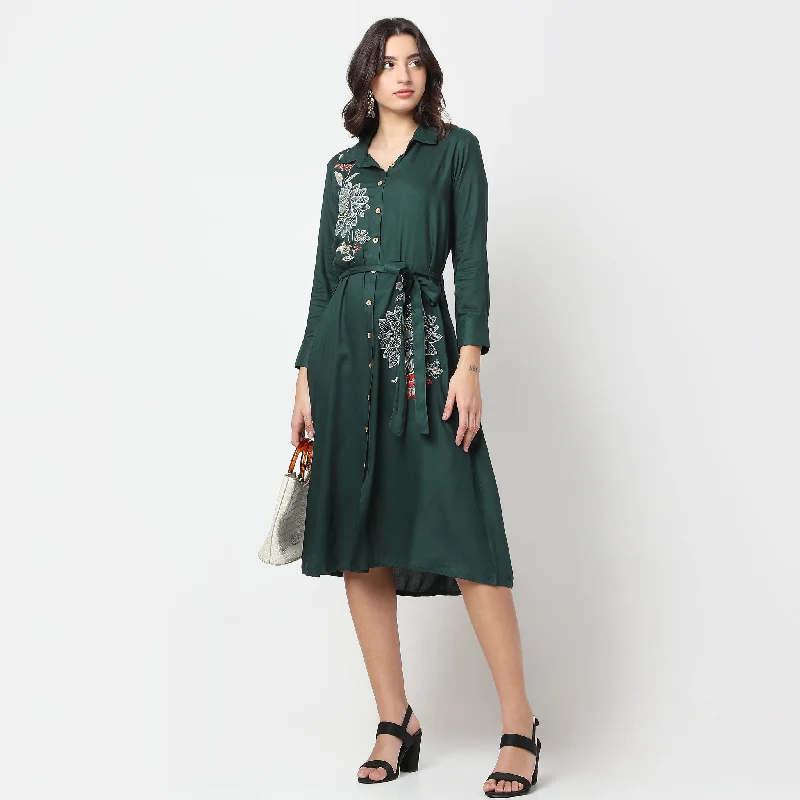 Trendy Urban Attire Flare Fit Embroidered Dress