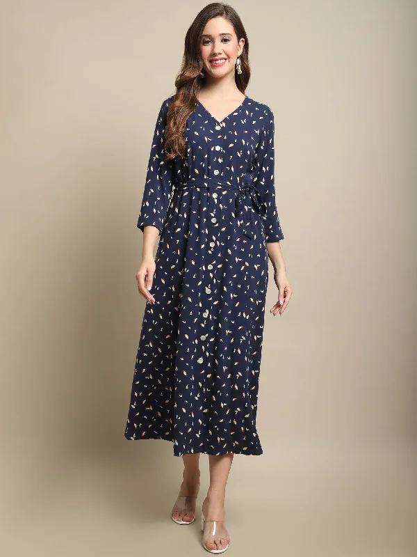 Vintage Fashion Women's Casual V neck Navy Ditsy Floral Print Fit & Flared Dress