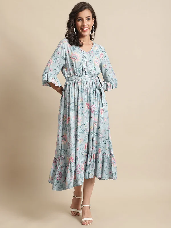 Women's Clothing For Holiday Travel Women's Casual V neck Mint Floral Print Fit & Flared Dress Women's Clothing For Holiday Travel Women's Casual V neck Mint Floral Print Fit & Flared Dress