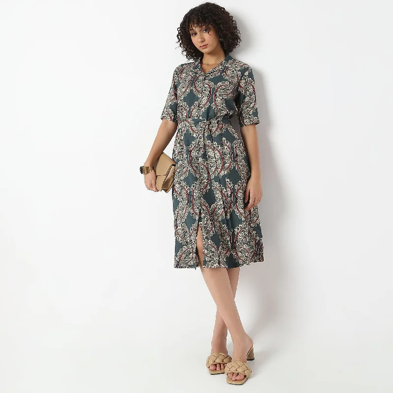 Big Savings Flare Fit Foliage Print Camp Collar Dress