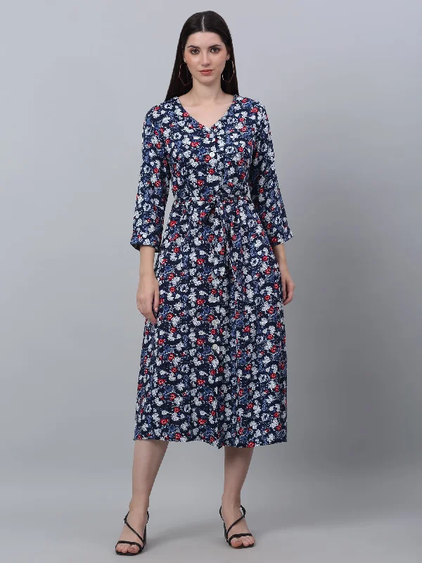Women's Trendy Clothes Women's Casual V neck Blue Floral Print Fit & Flared Dress