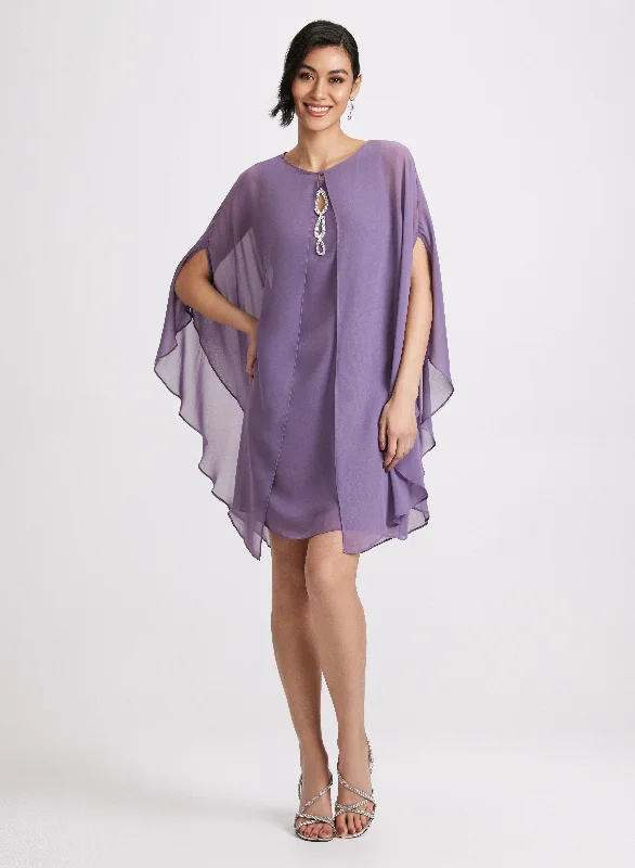 Women's Casual Outfit Crystal Embellished Dress & Capelet Jacket Set