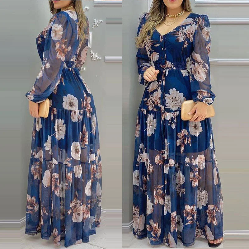 Refresh Your Wardrobe With Exclusive Discounts Women's Floral Print Fashion Designer Long V-Neck Chiffon Dresses (Plus Size)