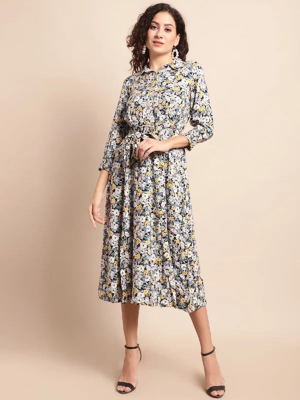 Women's High-Fashion Attire Women's Casual Shirt collar Multi Color Floral Print Fit & Flared Dress Women's High-Fashion Attire Women's Casual Shirt collar Multi Color Floral Print Fit & Flared Dress